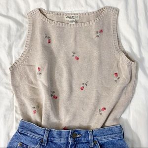 Knit Sweater Vest w/ Rose Embroidery Detail